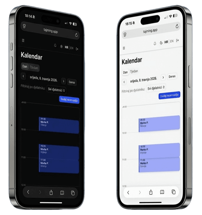 Tajming app, calendar in light and dark mode
