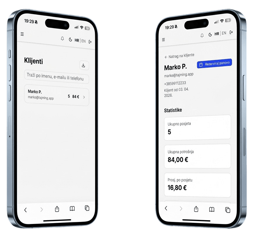 Tajming app, client list and profile view